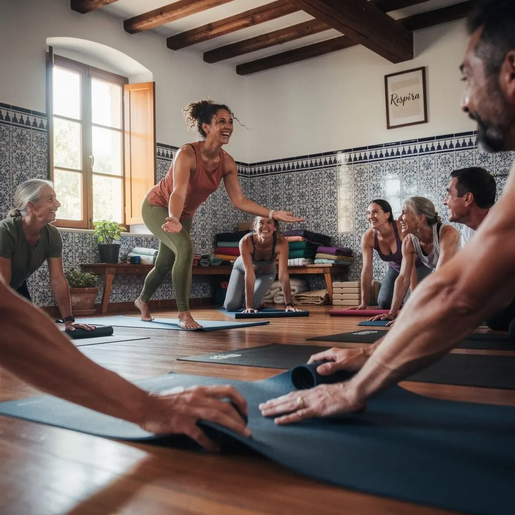 Instructores certificados guiando a estudiantes en una sesión de Ashtanga Yoga en un ambiente tranquilo.